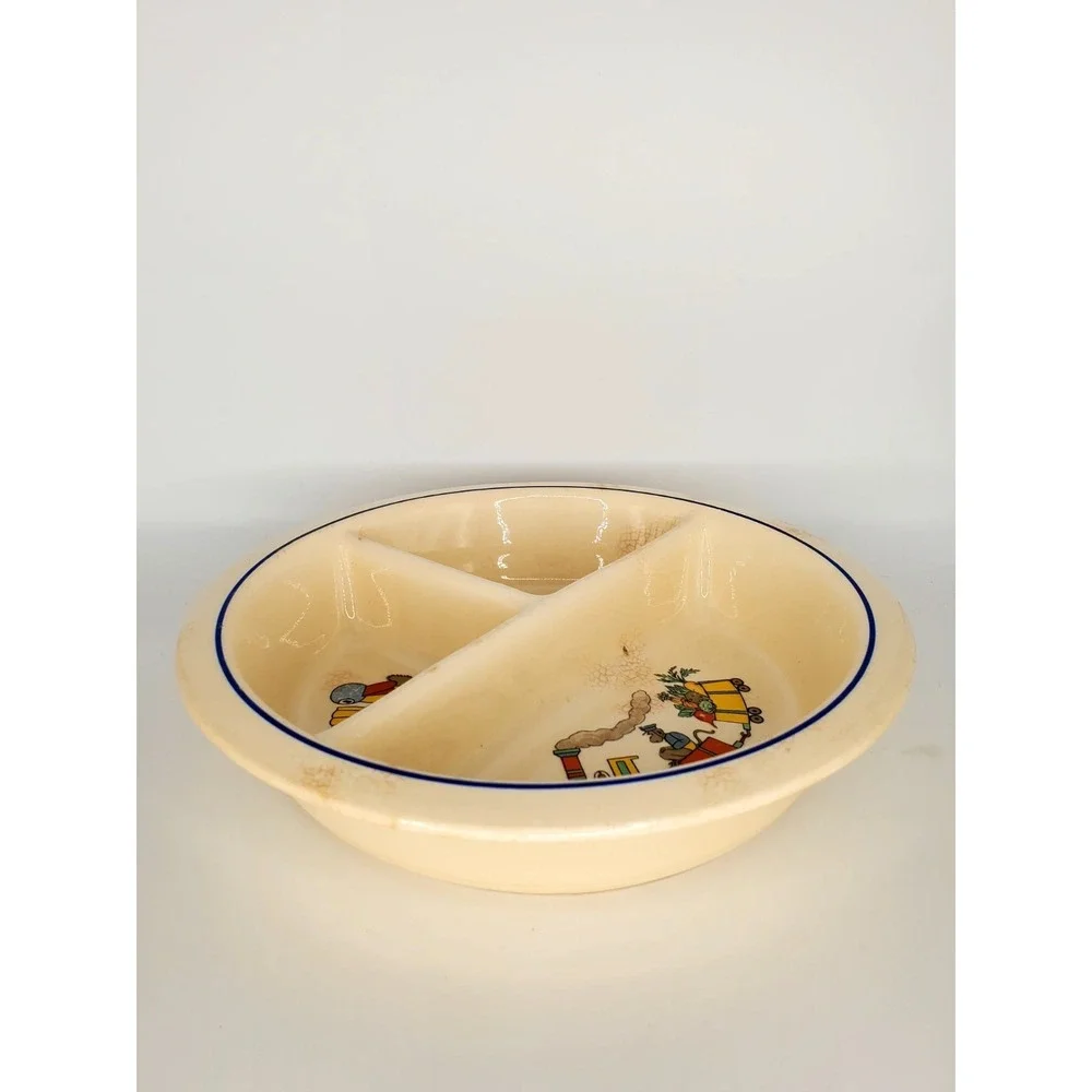 Vintage 1940's Excello Porcelain‎ Divided Warming Plate W/Antique Toys Pattern